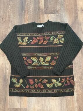 JH Collectibles Wool Blend Olive embroidered crewneck with leaf motif VTG Large